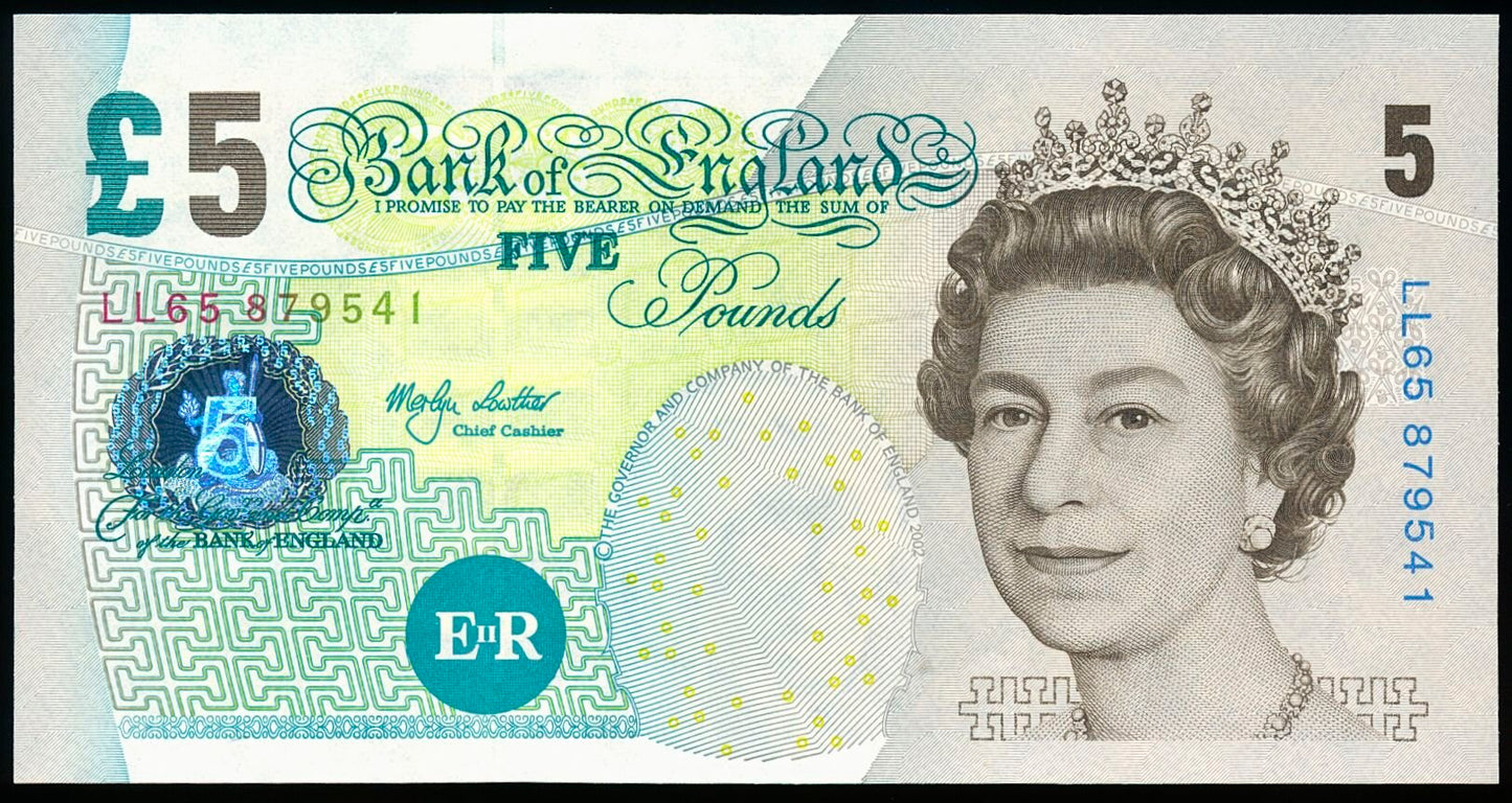ENGLAND P.391b B396 2002-2003 Lowther £5 Replacement LL65 UNC
