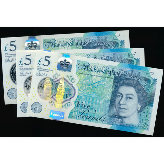 P.394 B414 2015-2019 Bank of England Cleland First run £5 UNC AA01 3 consecutive notes
