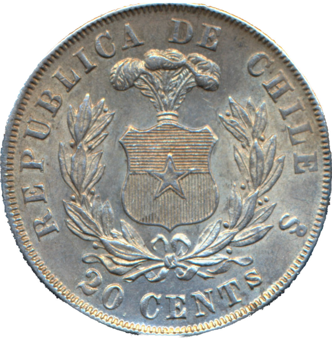 Chile KM138.1 1874 Silver 20 Cents EF