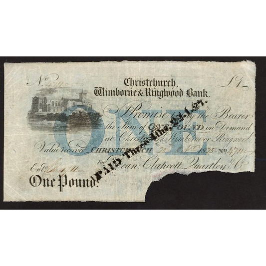 Christchurch, Wimbourne & Ringwood Bank 1823 £1 banknote GF Outing 556c for type