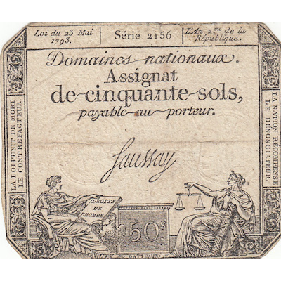 FRANCE A70 Assignat 50 Sols 1793 VF