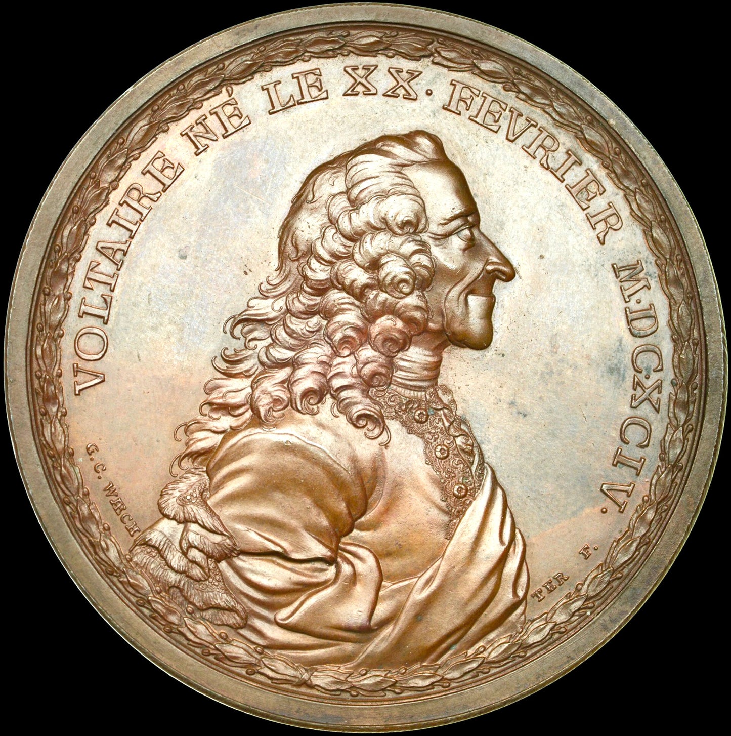 1770 FRANCE Voltaire 58mm copper medal by G.C. Wæchter EF