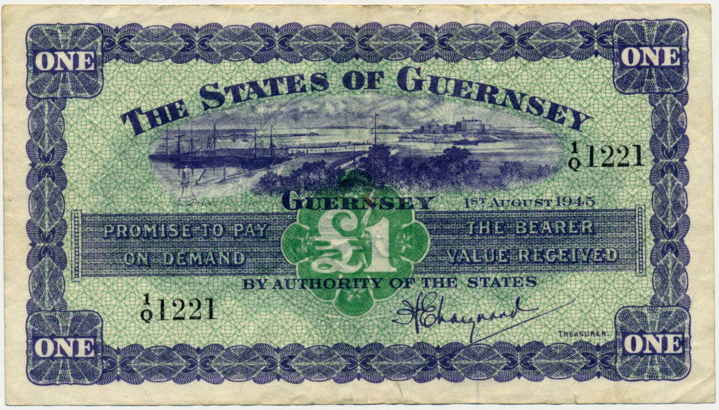 GUERNSEY P.43a GU33a 1945 £1 GVF 1/Q