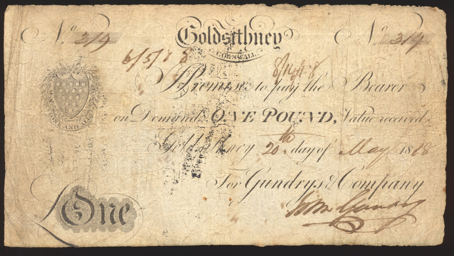 Goldsithney Bank 1818 £1 banknote F Outing 833a