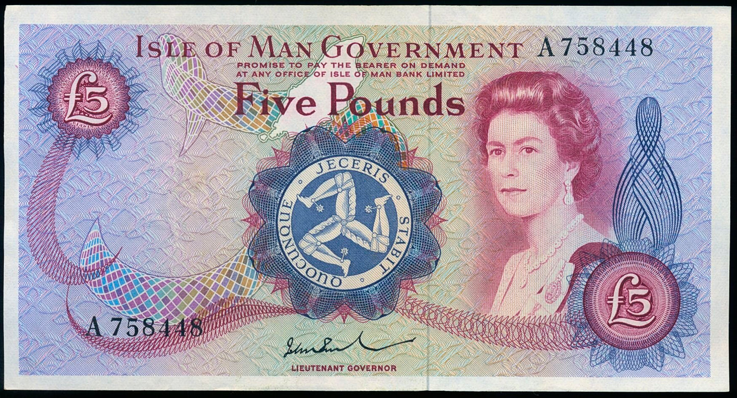 ISLE OF MAN P.30b IM42b 1972-1979 £5 AUNC 50 EPQ