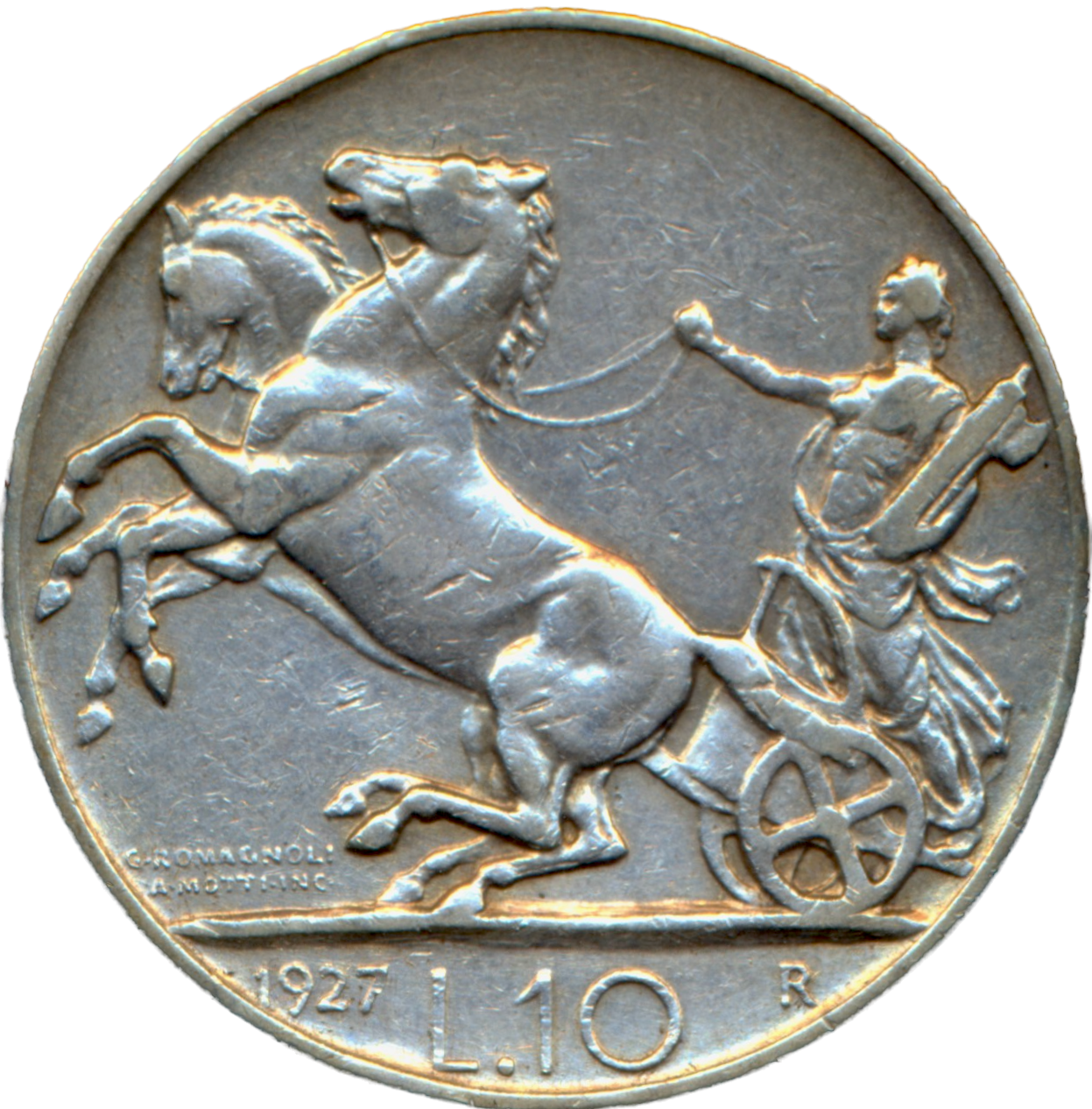 Italy KM68.1 1927 Silver 10 lire GVF