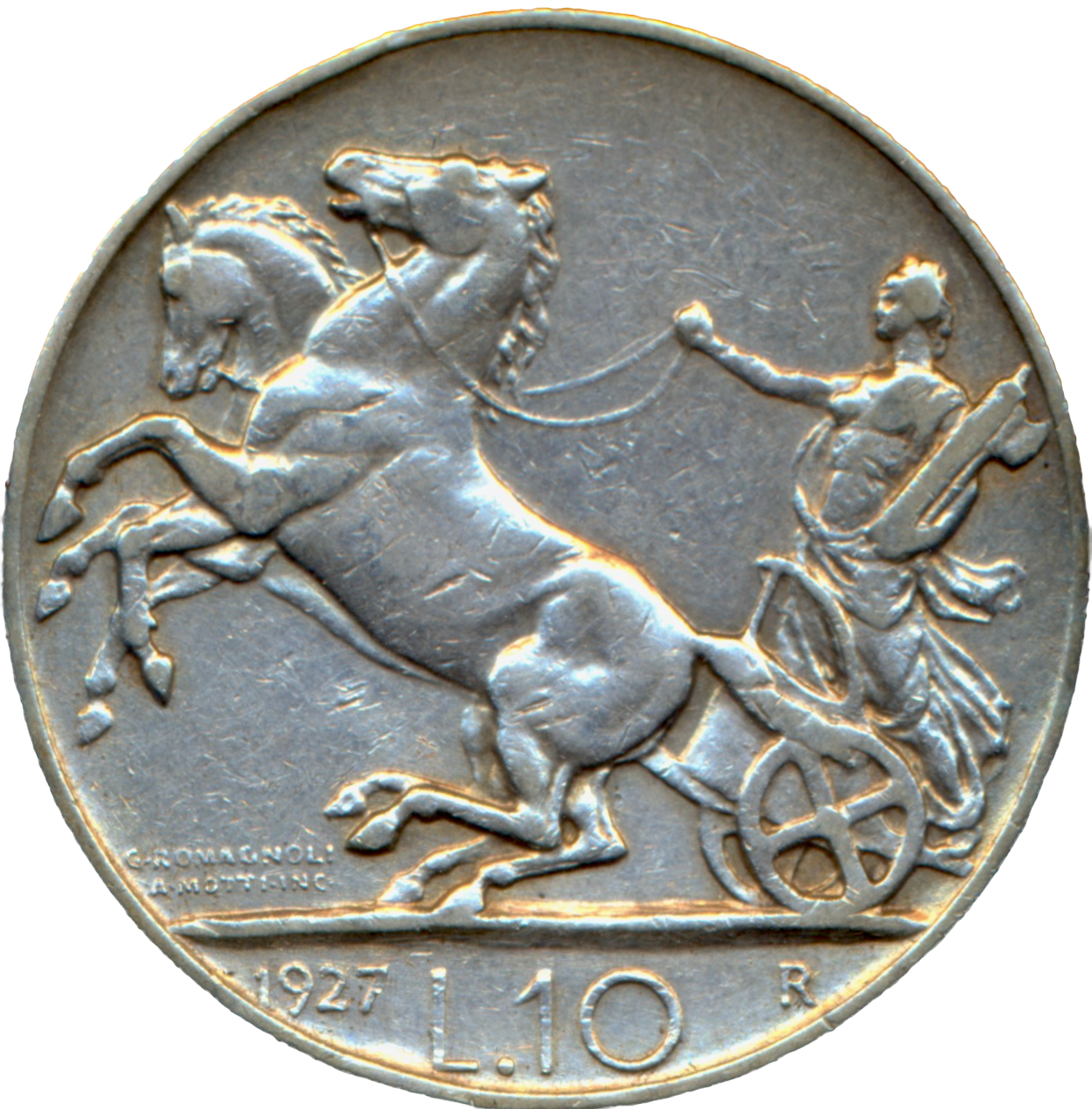 Italy KM68.1 1927 Silver 10 lire GVF