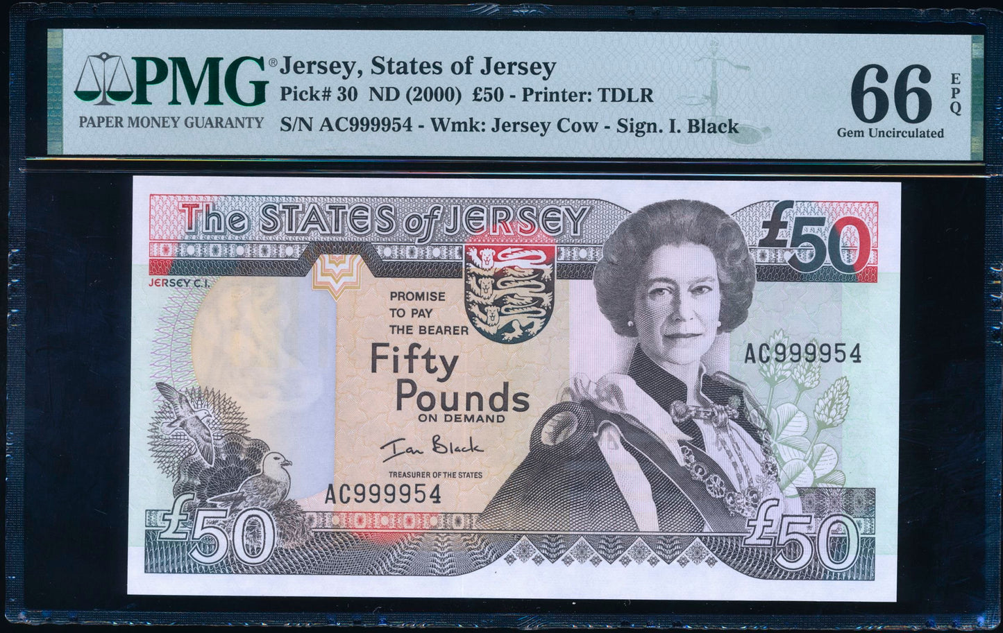 JERSEY P.30 JE52b 1993-2010 Black £50 SUPERB GEM UNC 66 EPQ AC999954