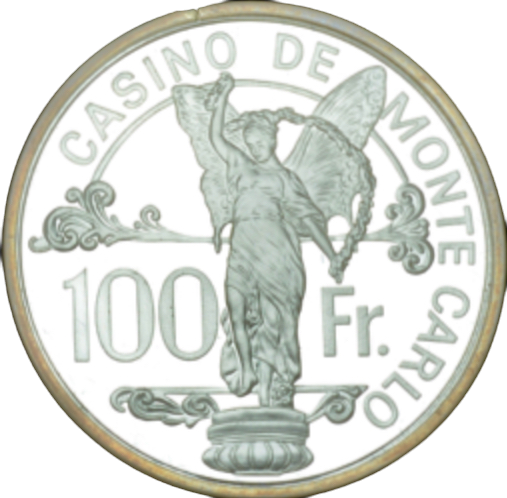 1977 (c) MONACO Casino de Monte Carlo, a silver 100 Francs token on chain in box of issue