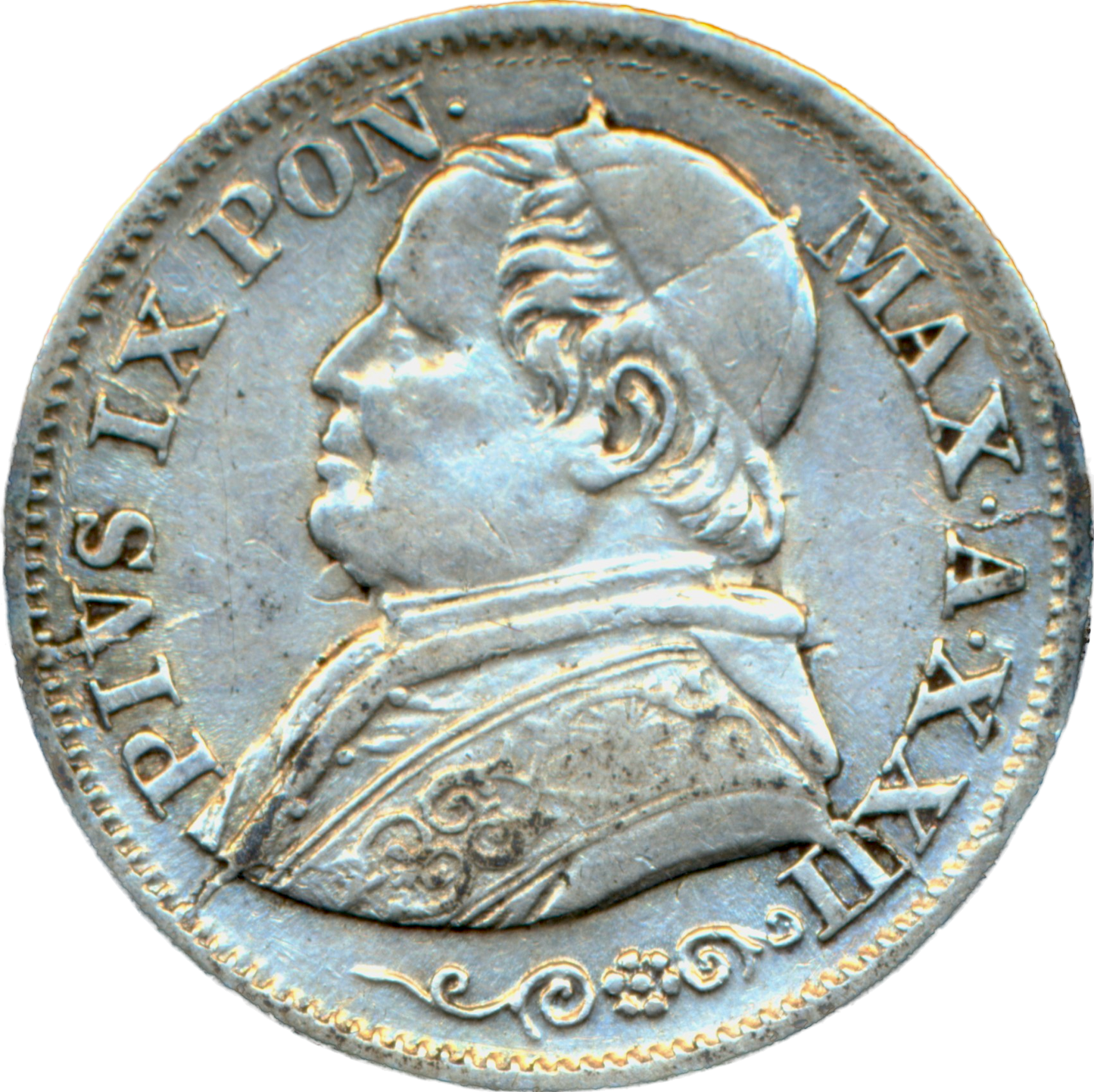 Papal States KM1376 1868 Silver 10 Soldi AVF