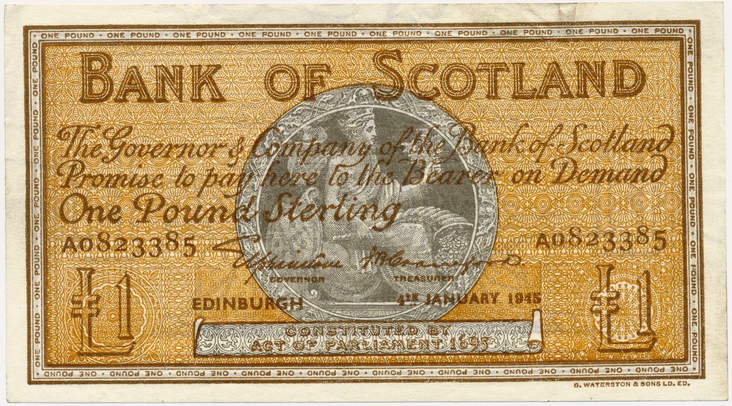 SCOTLAND P.96a SC104 1945 Bank of Scotland £1 GVF A