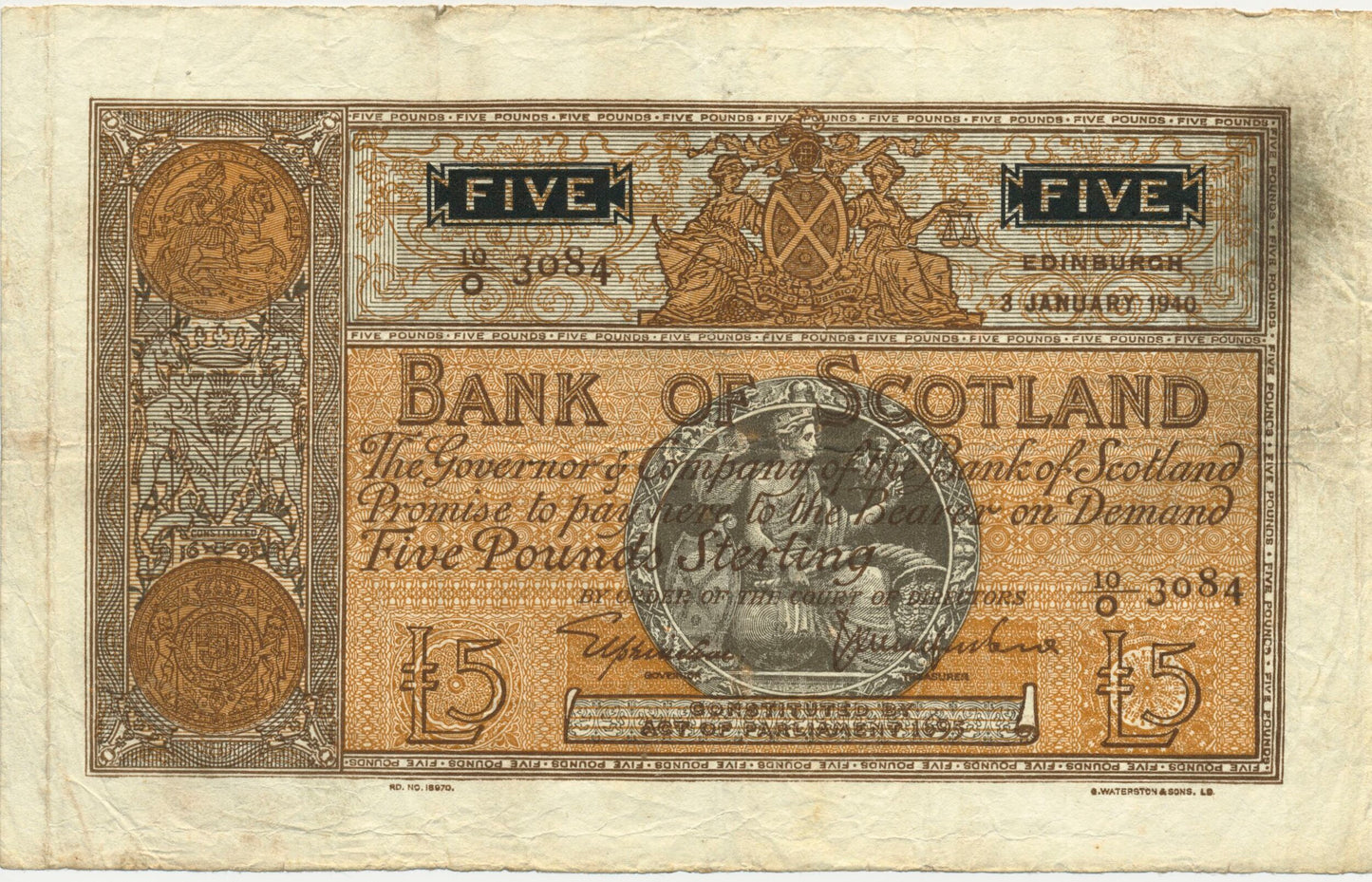 SCOTLAND P.92b SC112b 1940 Bank of Scotland £5 VF 10/O