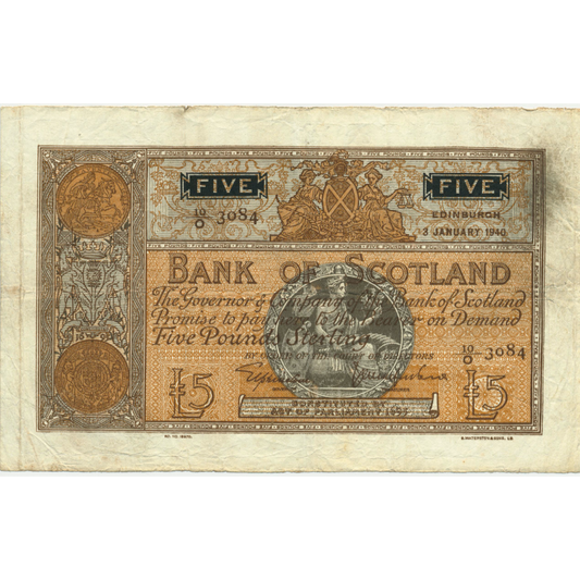 SC112b BA101b 1940 Bank of Scotland £5 VF 10/O