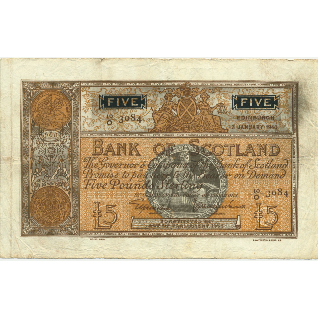 SCOTLAND P.92b SC112b 1940 Bank of Scotland £5 VF 10/O