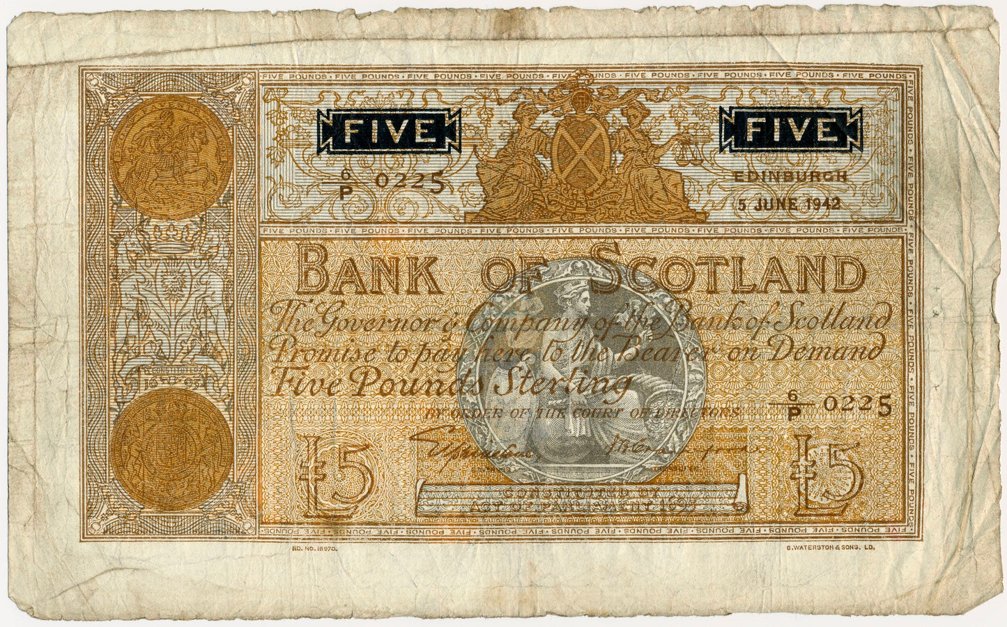 SCOTLAND P.92c SC112c 1942 Bank of Scotland £5 NF 6/p