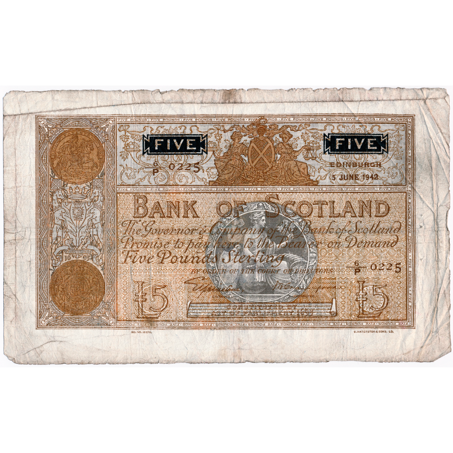 SCOTLAND P.92c SC112c 1942 Bank of Scotland £5 NF 6/p
