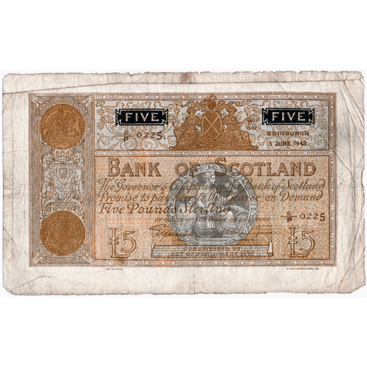 SC112c BA101c 1942 Bank of Scotland £5 NF 6/p