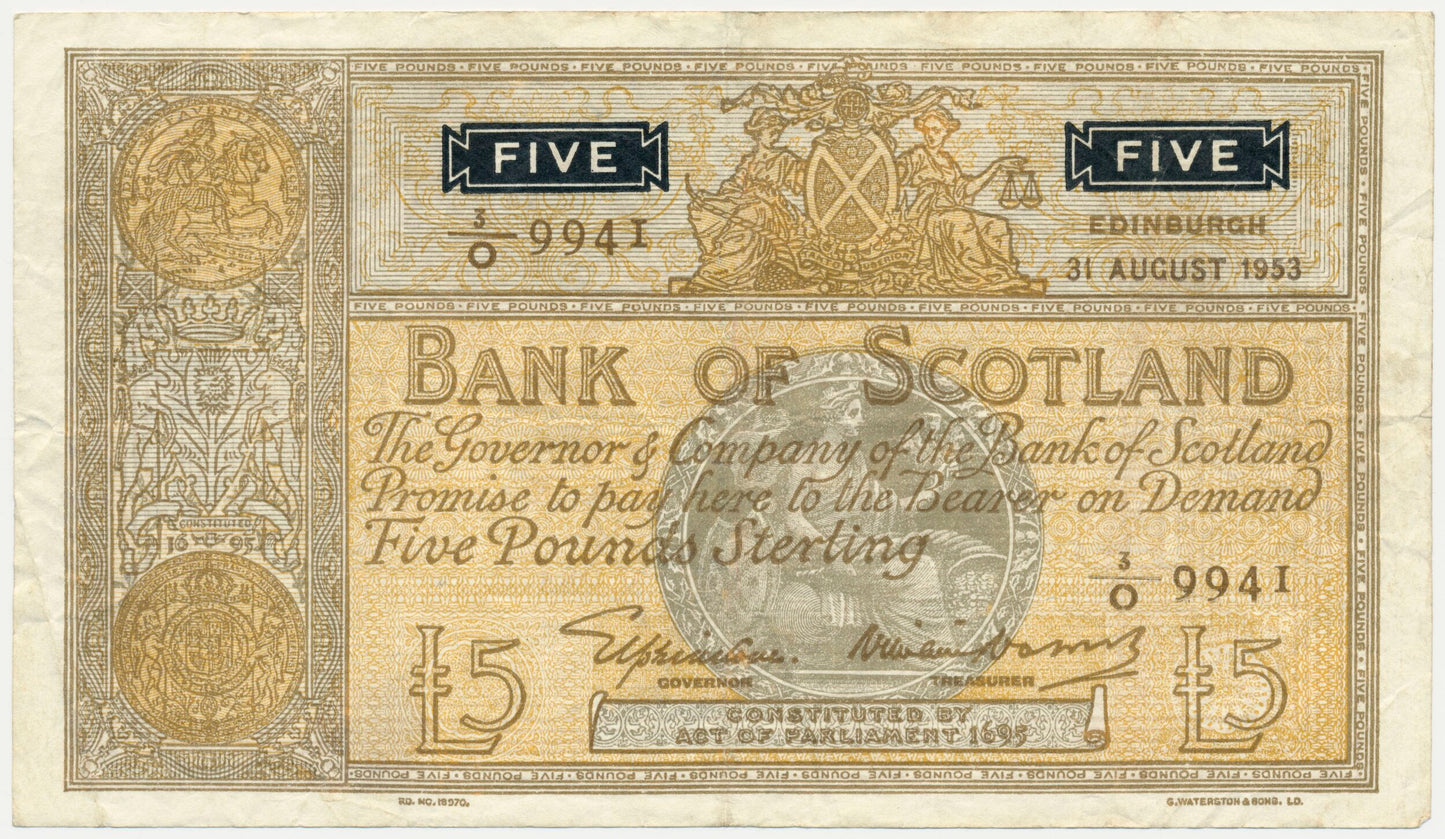 SCOTLAND P.98b SC115b 1953 Bank of Scotland £5 VF 3/O