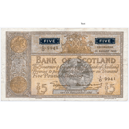 SC115b BA103d 1953 Bank of Scotland £5 VF 3/O