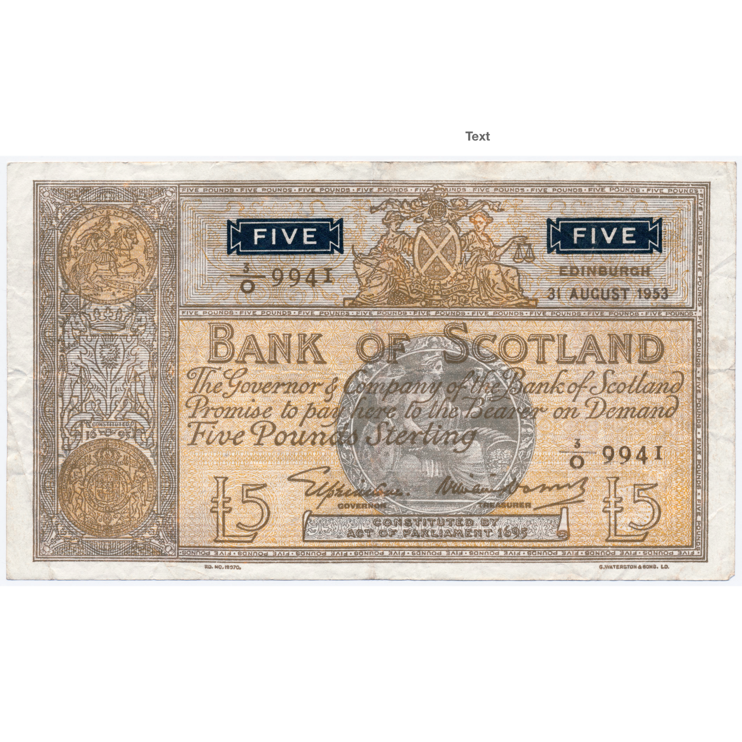 SCOTLAND P.98b SC115b 1953 Bank of Scotland £5 VF 3/O