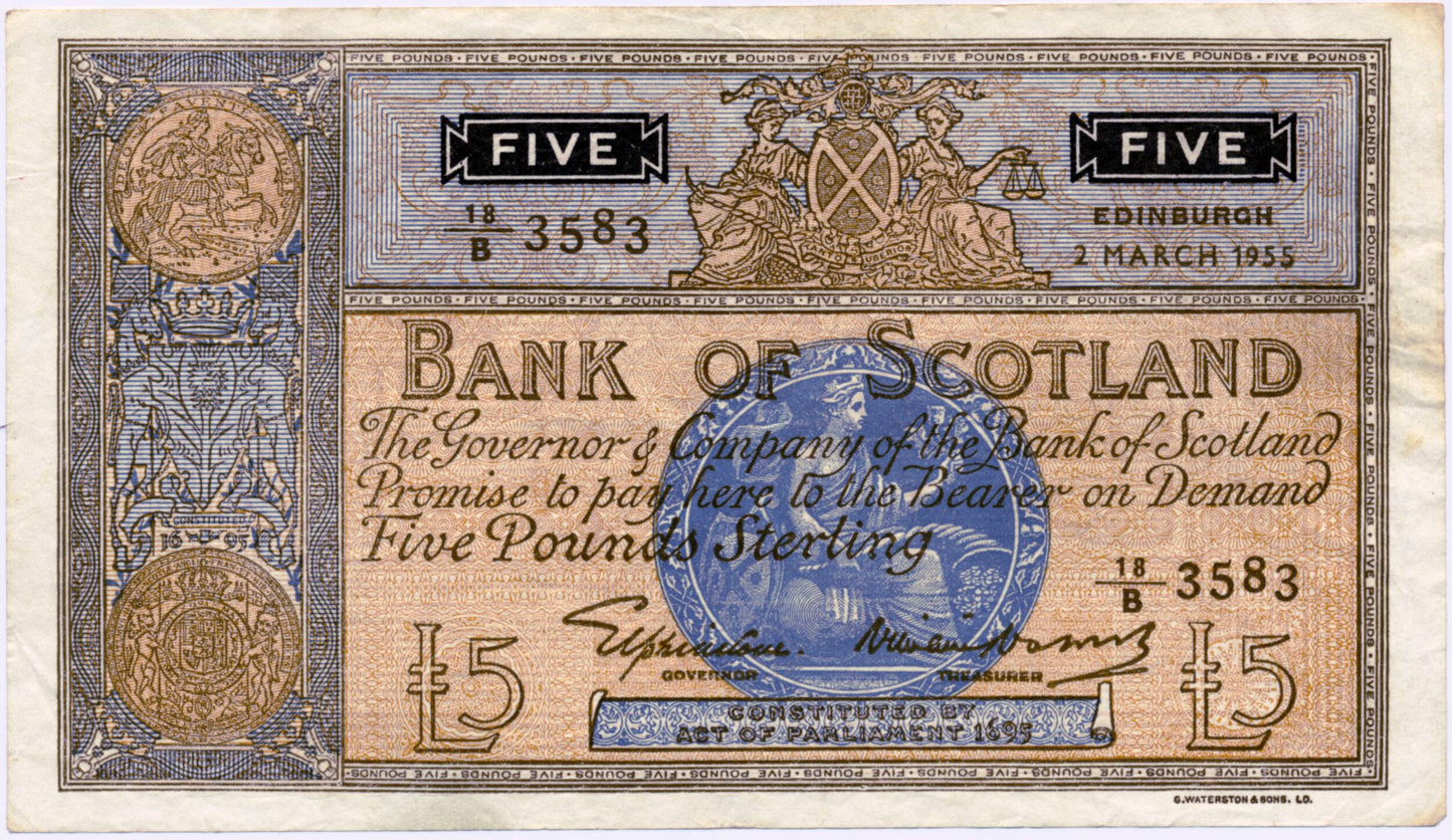 SCOTLAND P.99a SC116a 1955 Bank of Scotland £5 VF 18/B