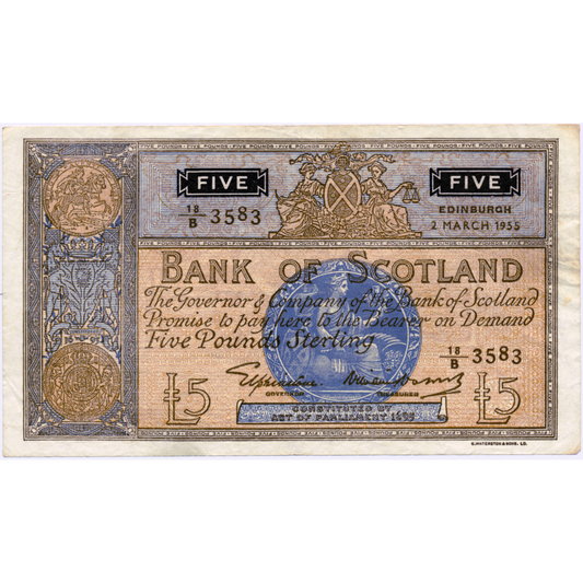 SC116a BA104a 1955 Bank of Scotland £5 VF 18/B