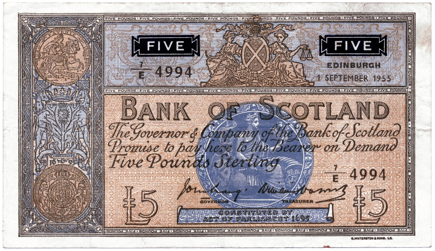 SCOTLAND P.99b SC116b 1955 Bank of Scotland £5 VF 7/E