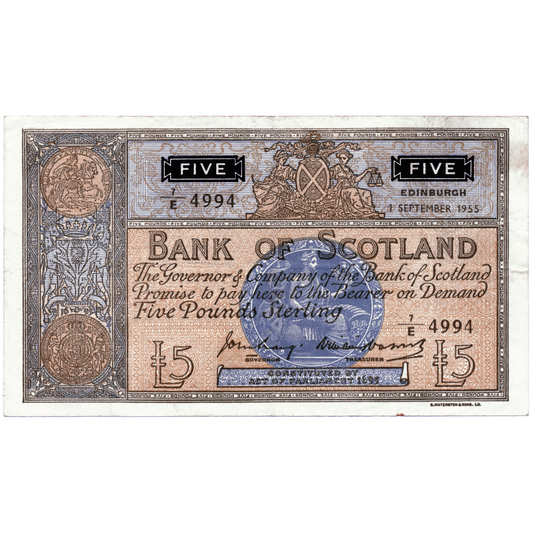 SC116b BA104b 1955 Bank of Scotland £5 VF 7/E