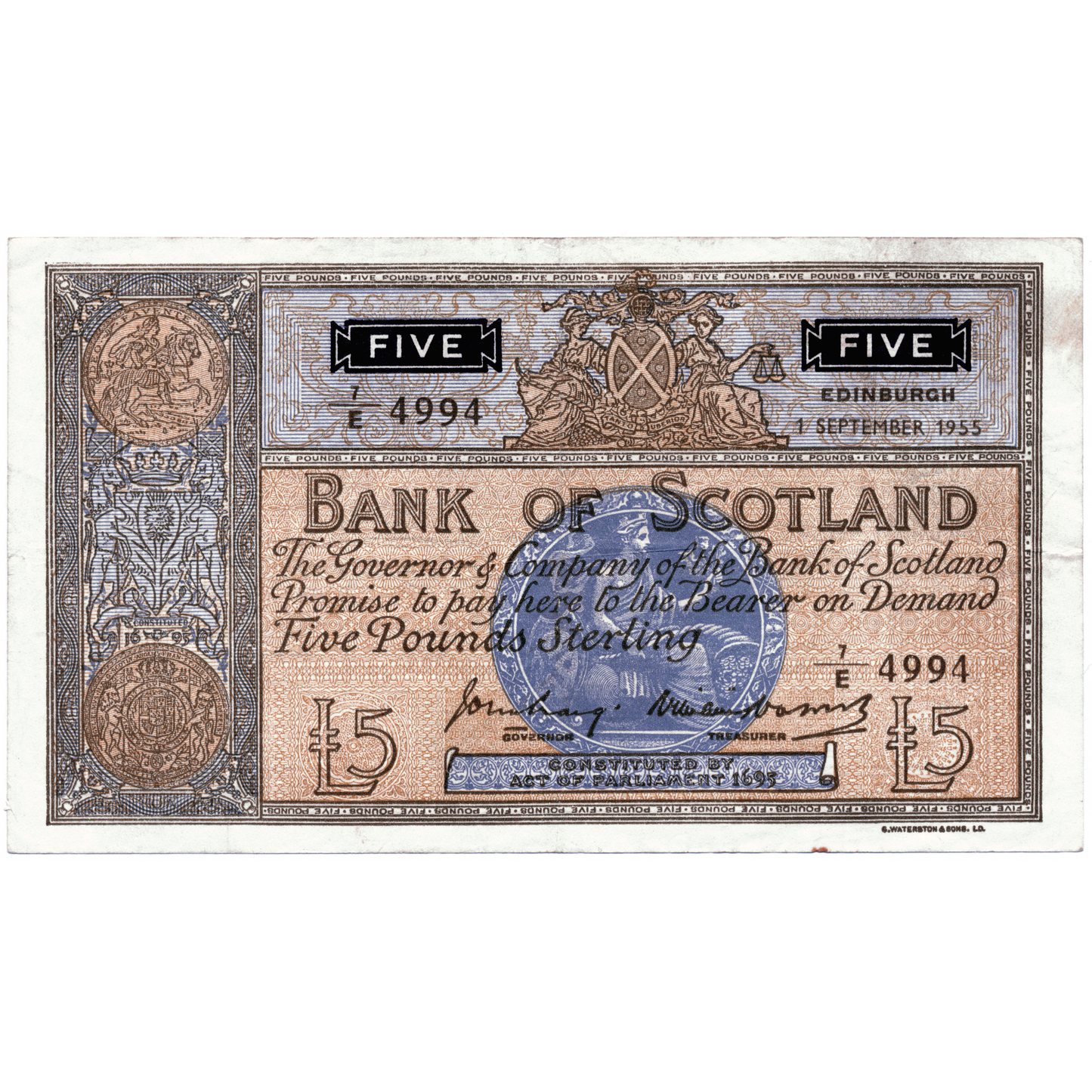 SCOTLAND P.99b SC116b 1955 Bank of Scotland £5 VF 7/E