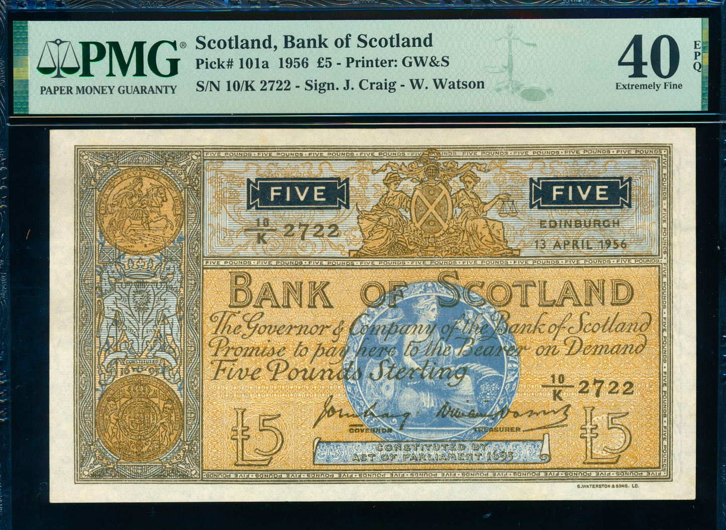 SCOTLAND P.101a SC117a 1956 Bank of Scotland £5 10/K Choice EF EPQ