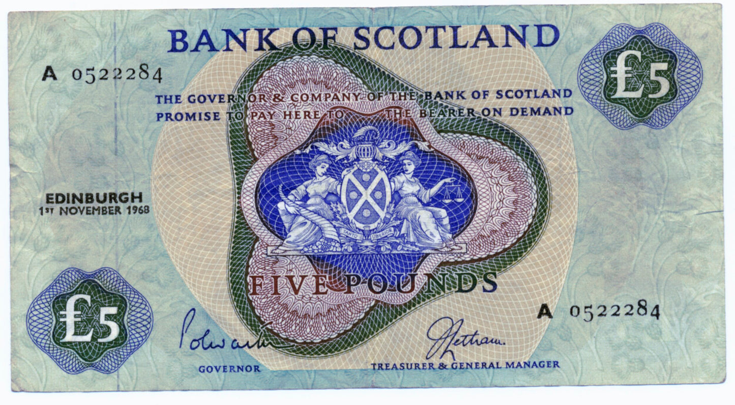 SCOTLAND P.109 SC120 1968 Bank of Scotland £5 VF A