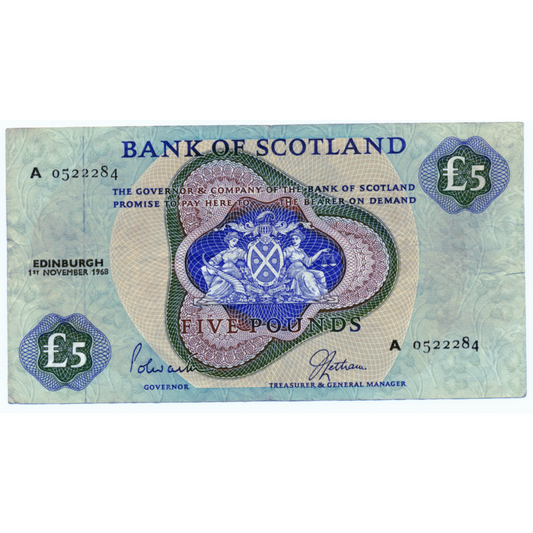SCOTLAND P.109 SC120 1968 Bank of Scotland £5 VF A