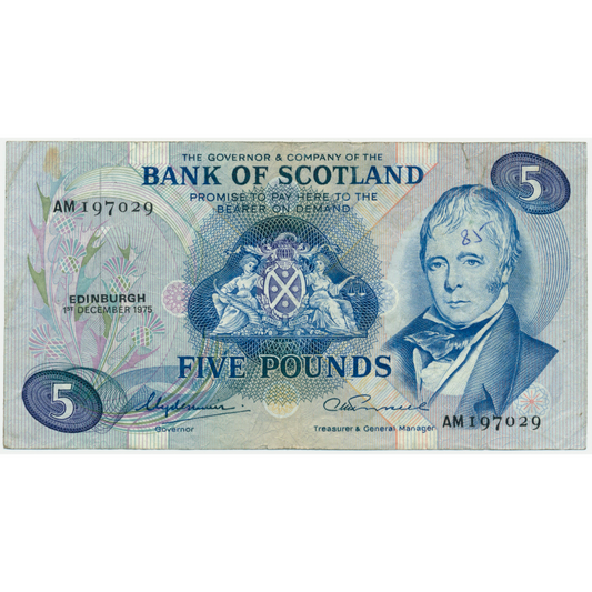 SCOTLAND P.112d SC121c 1975 Bank of Scotland £5 VF AM