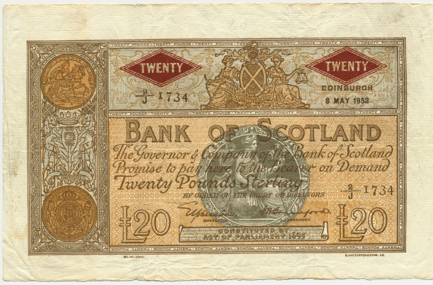 SCOTLAND P.94c SC142c 1952 Bank of Scotland £20 GVF 2/J