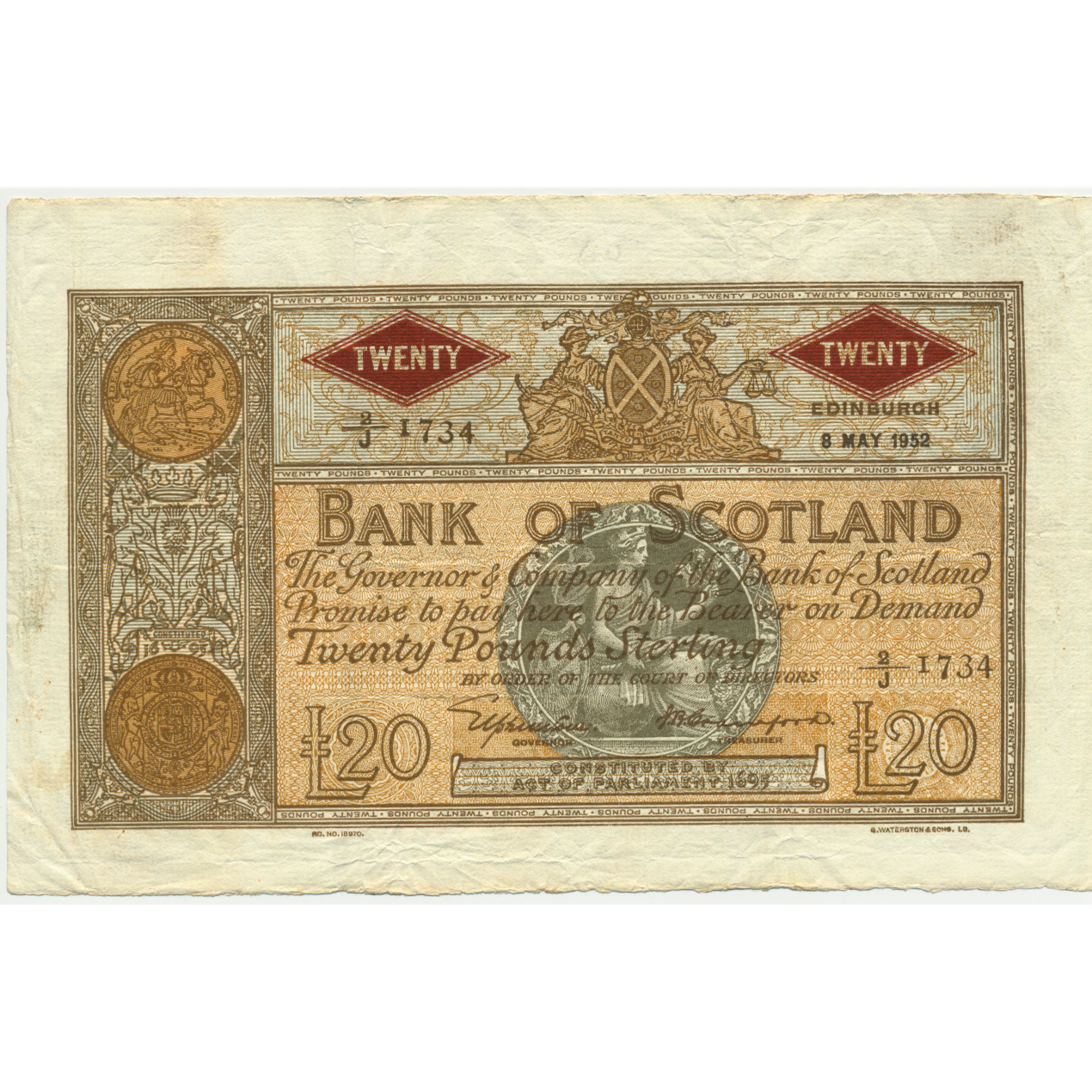 SCOTLAND P.94c SC142c 1952 Bank of Scotland £20 GVF 2/J