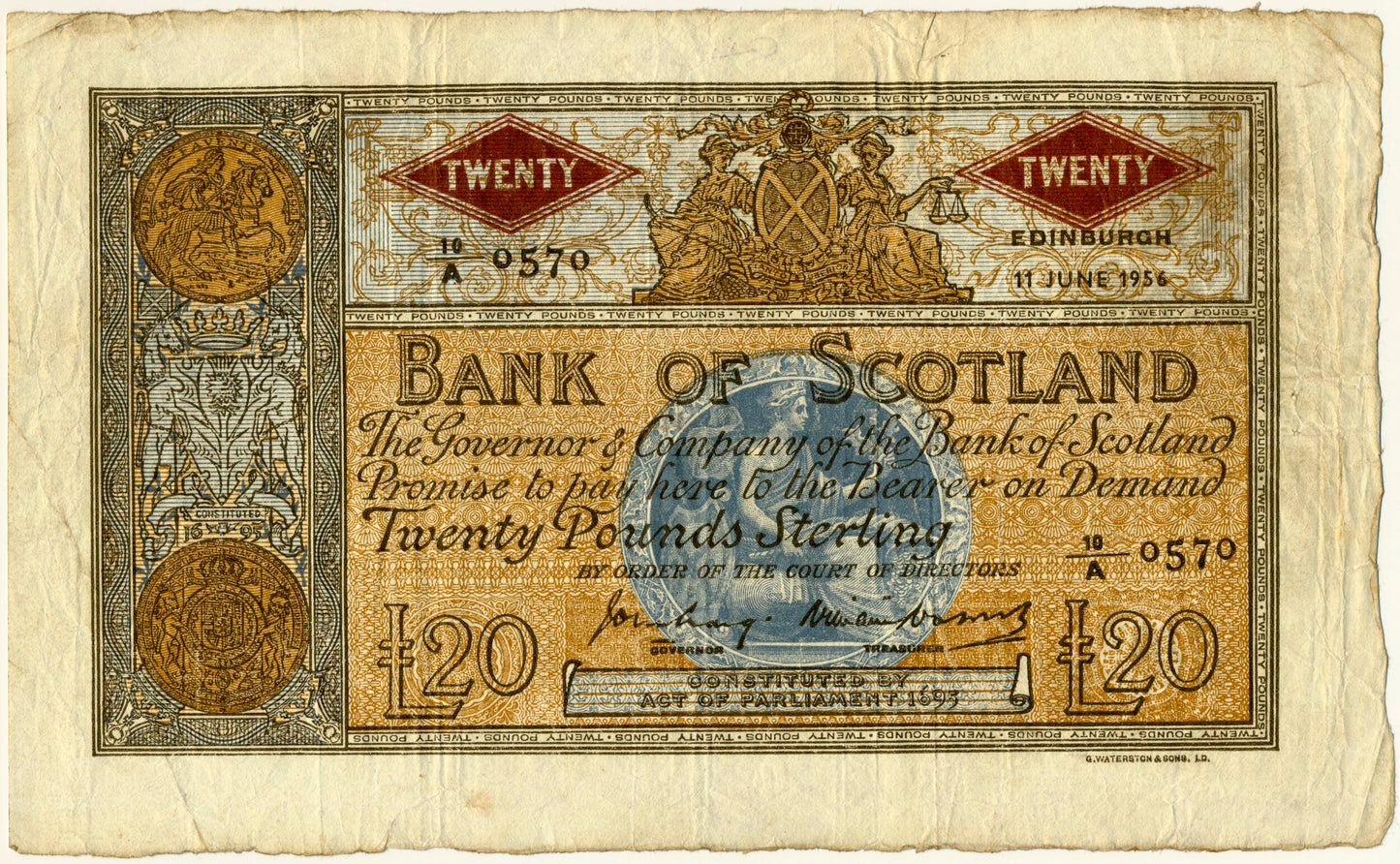 SCOTLAND P.94e SC143a 1956 Bank of Scotland £20 AVF 10/A