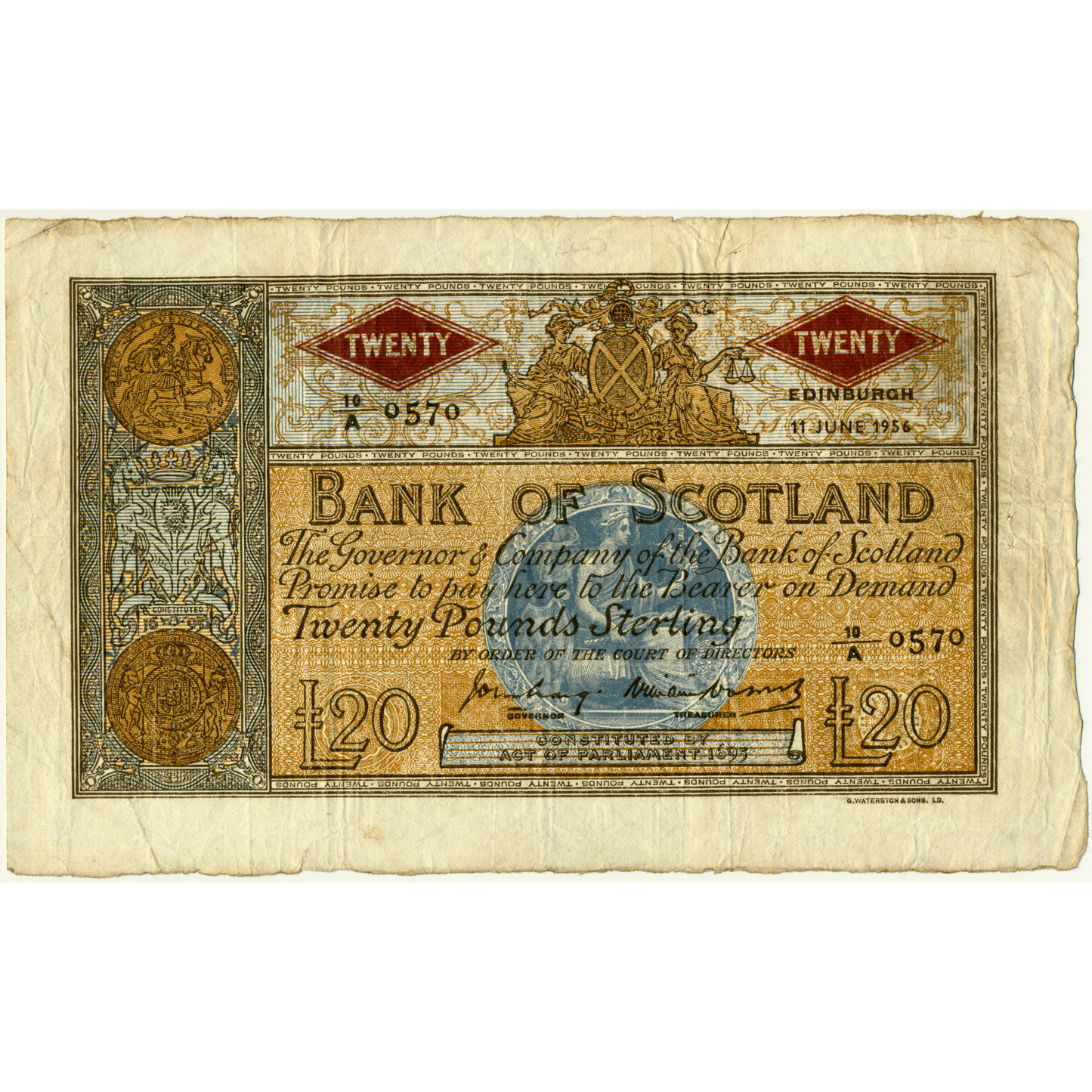 SCOTLAND P.94e SC143a 1956 Bank of Scotland £20 AVF 10/A