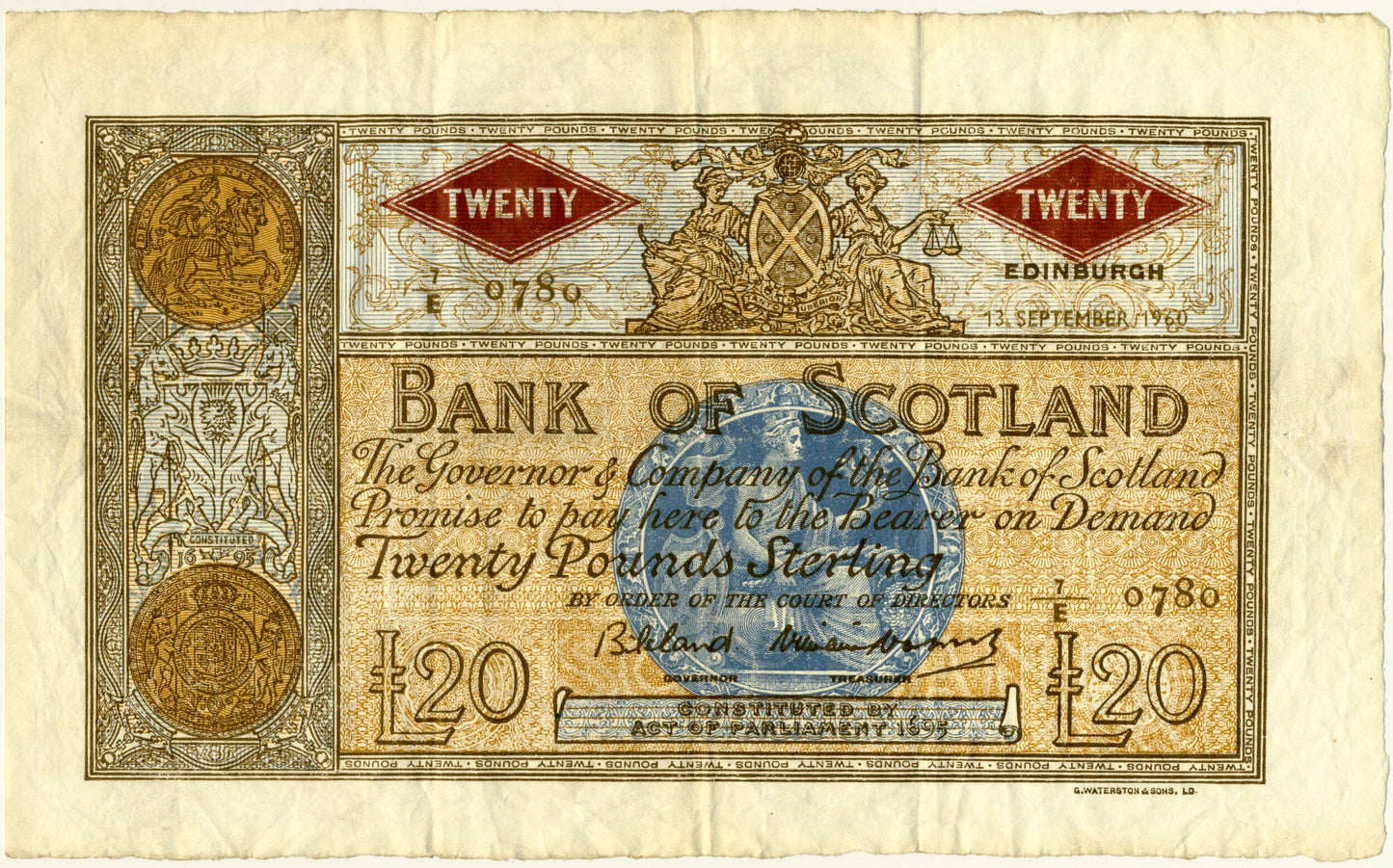 SCOTLAND P.94f SC143b 1960 Bank of Scotland £20 GVF 7/E