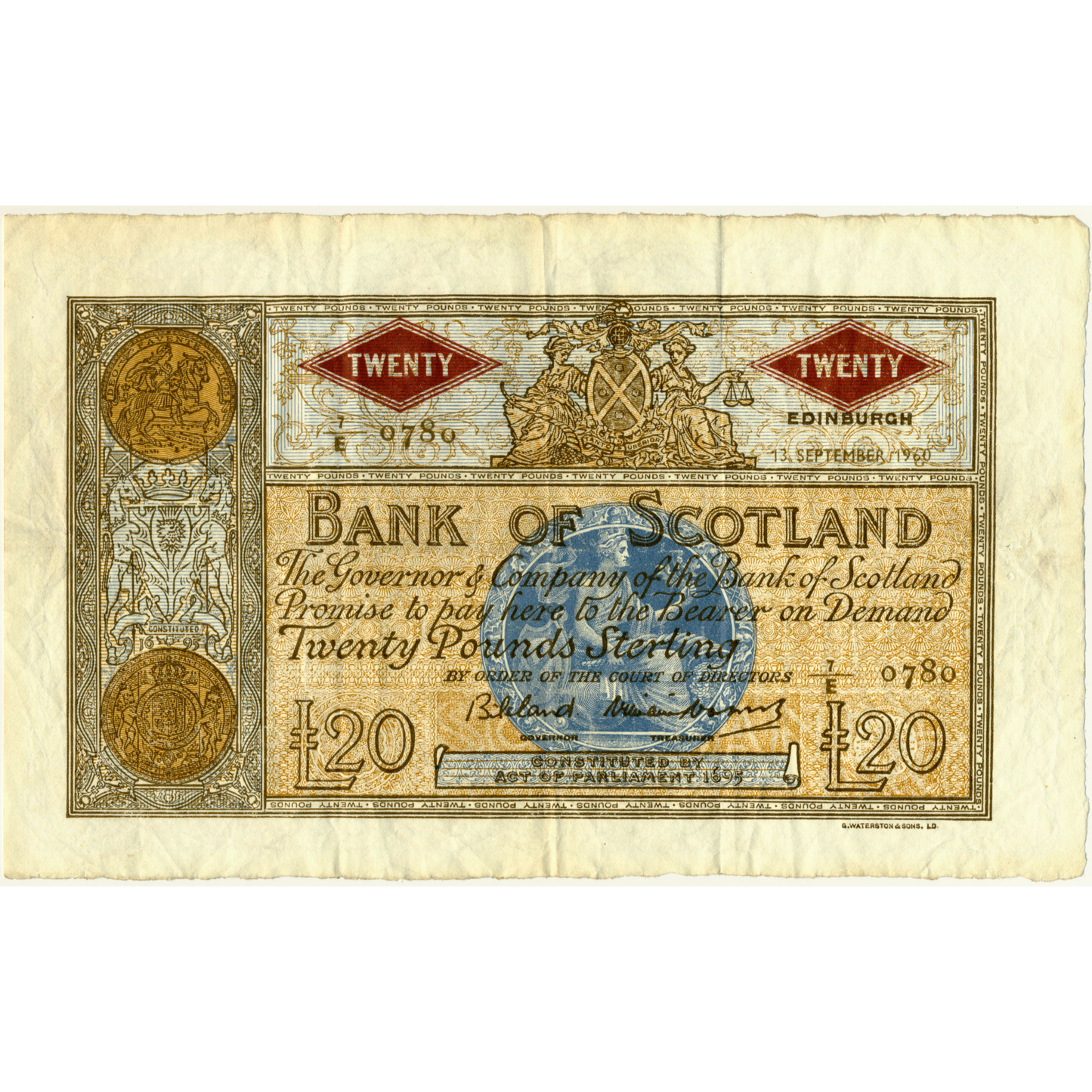 SCOTLAND P.94f SC143b 1960 Bank of Scotland £20 GVF 7/E