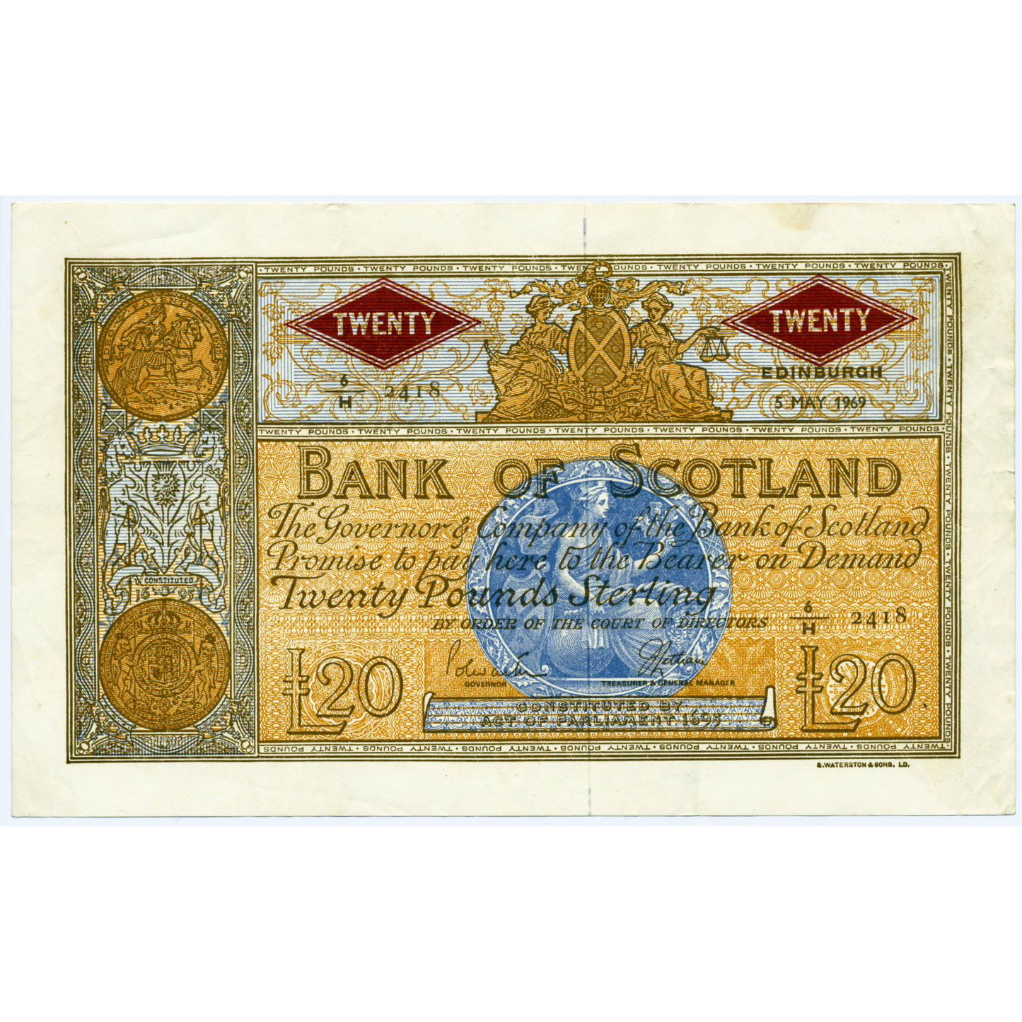 SCOTLAND P.110A SC144 1969 Bank of Scotland £20 VF/GVF 6/H