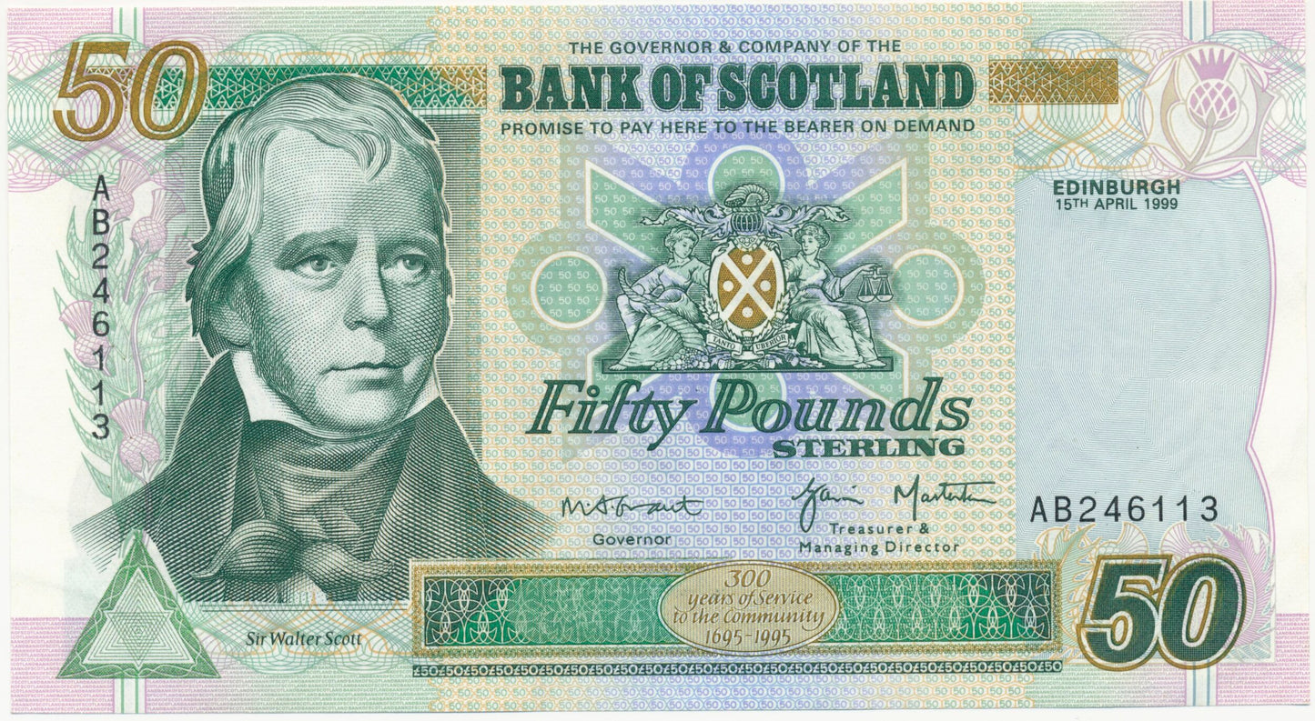 SCOTLAND P.122b SC161b 1999 Bank of Scotland £50 AB CHOICE UNC 64 EPQ