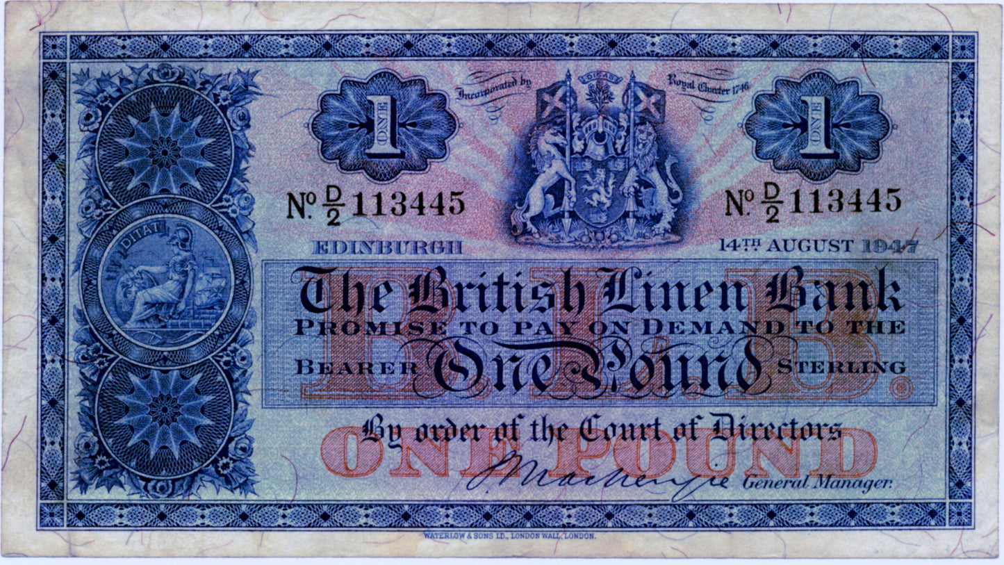 SCOTLAND P.157c SC205b 1947 British Linen Bank £1 GVF D/2