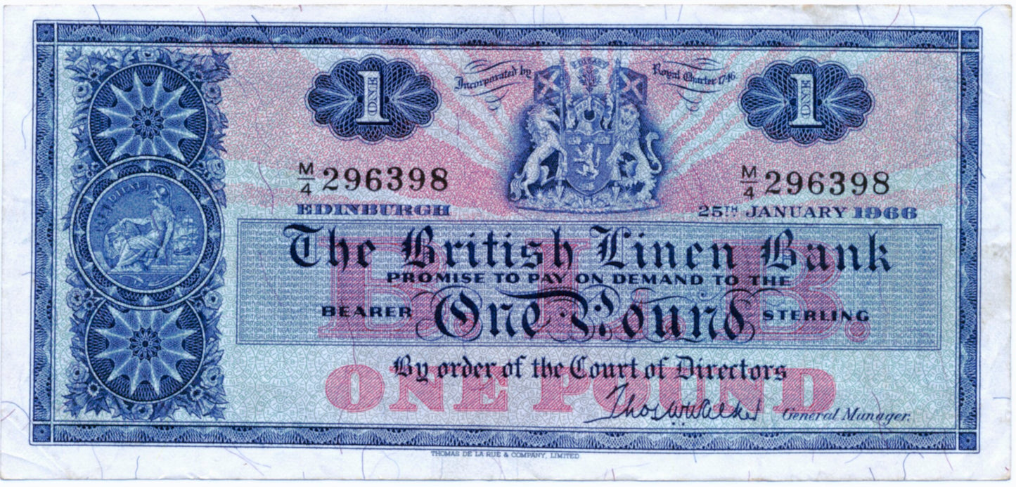 SCOTLAND P.166c SC208b 1966 British Linen Bank First series £1 GVF M/4