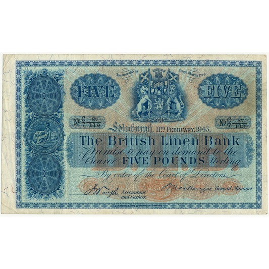 SCOTLAND P.158b SC213c 1943 British Linen Bank First series £5 GVF C/7