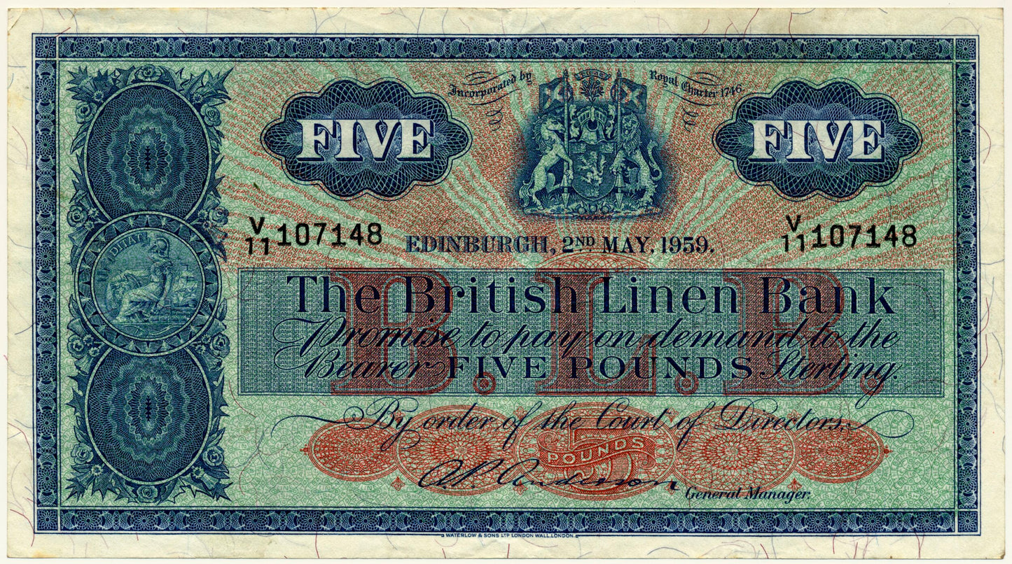 SCOTLAND P.161b SC214c 1959 British Linen Bank £5 VF V/11