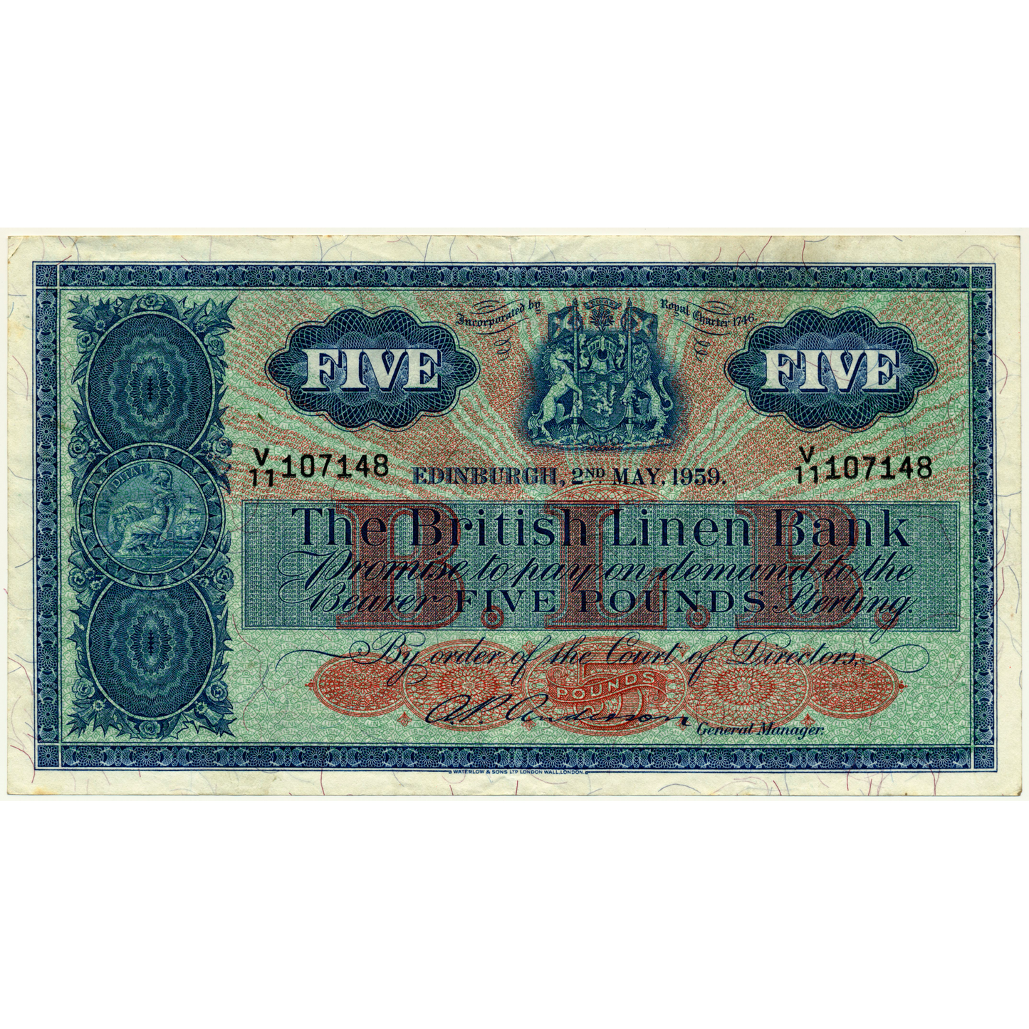 SCOTLAND P.161b SC214c 1959 British Linen Bank £5 VF V/11