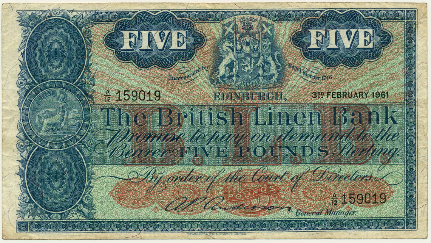 SCOTLAND P.163 SC215 1961 British Linen Bank Last series £5 AVF A/12