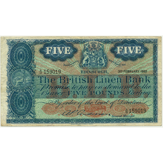 P.163 SC215 1961 British Linen Bank Last series £5 AVF A/12