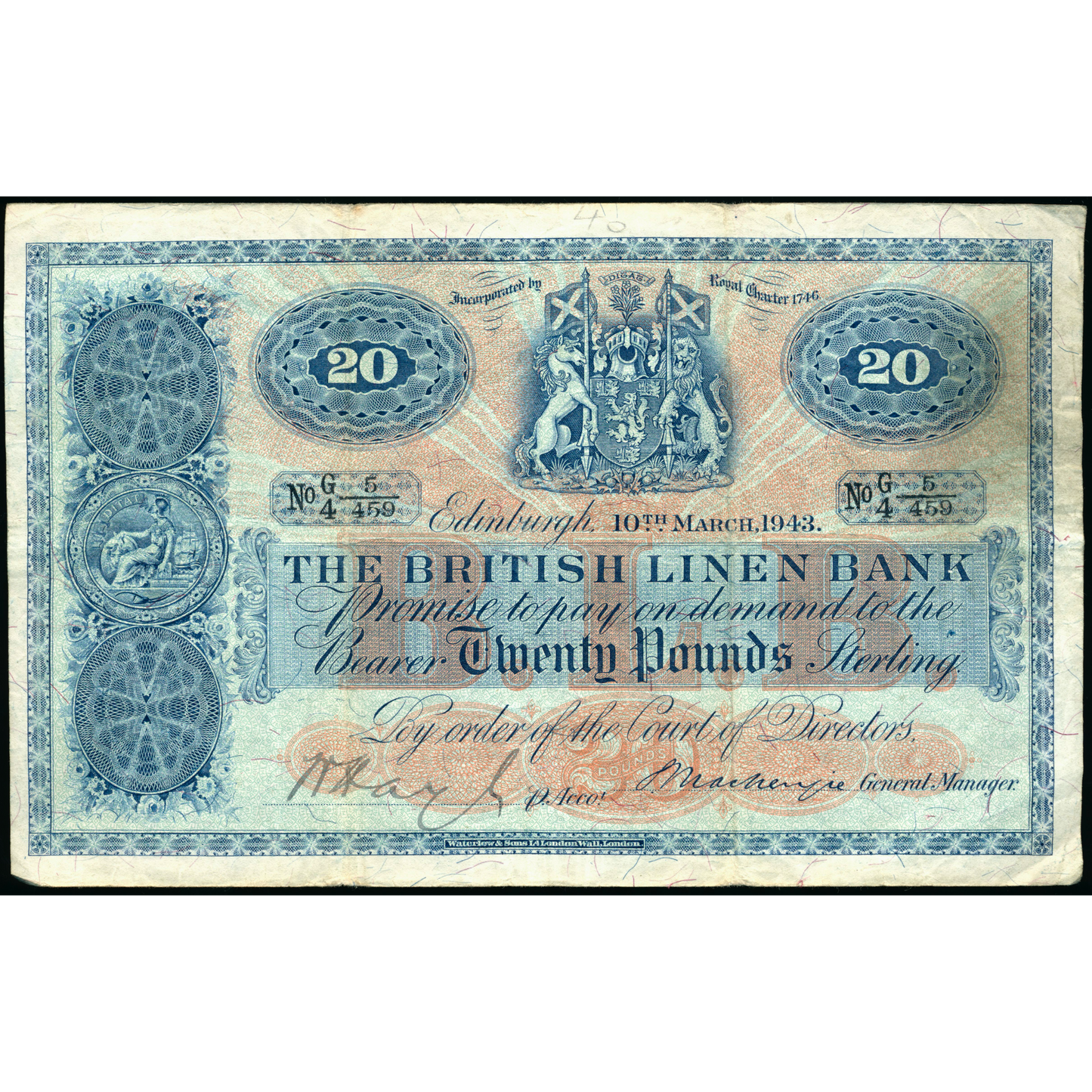 SCOTLAND P.159a SC234c 1943 British Linen Bank £20 AVF G/4