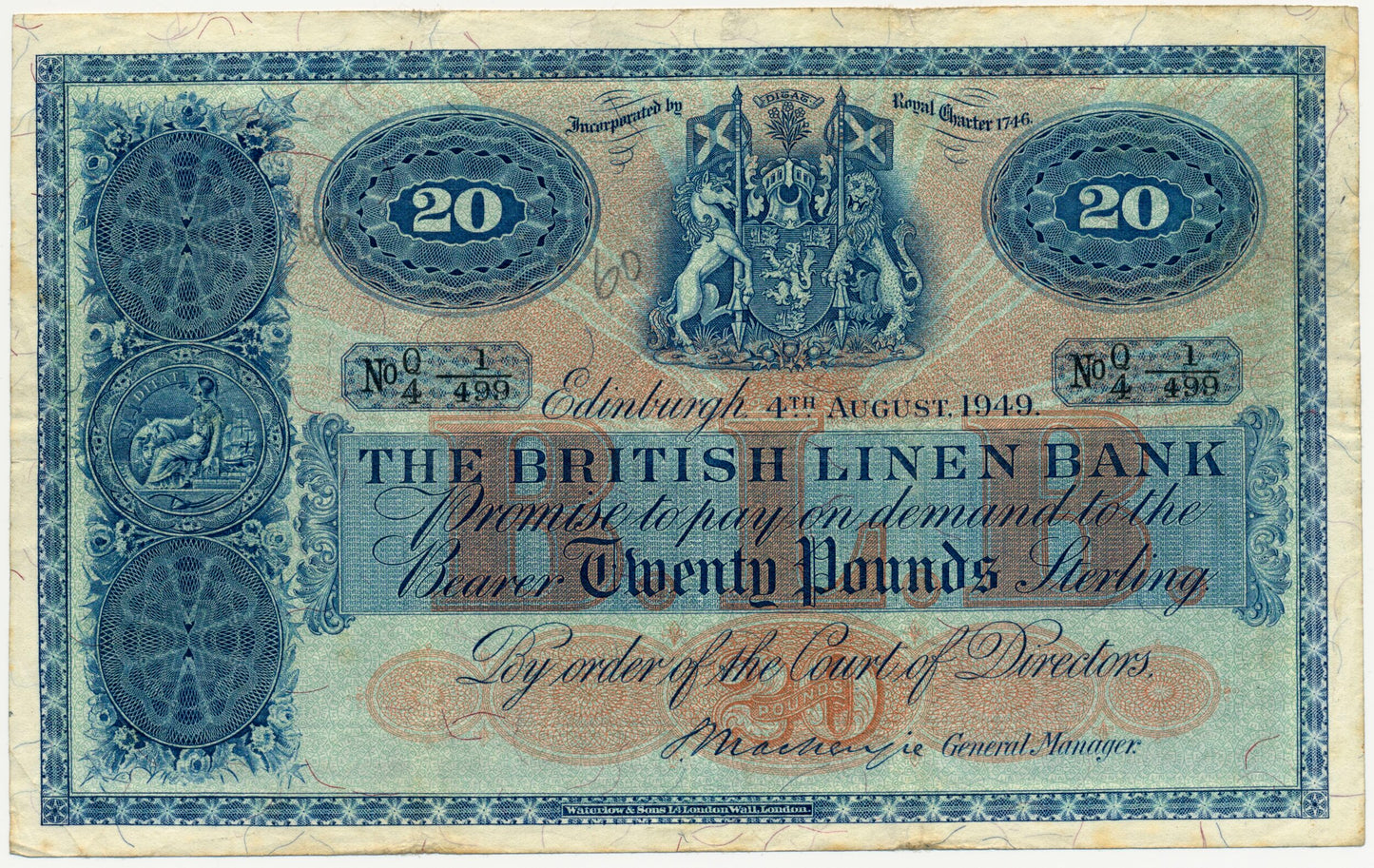 SCOTLAND P.159b SC235a 1949 British Linen Bank Last series £20 VF Q/4